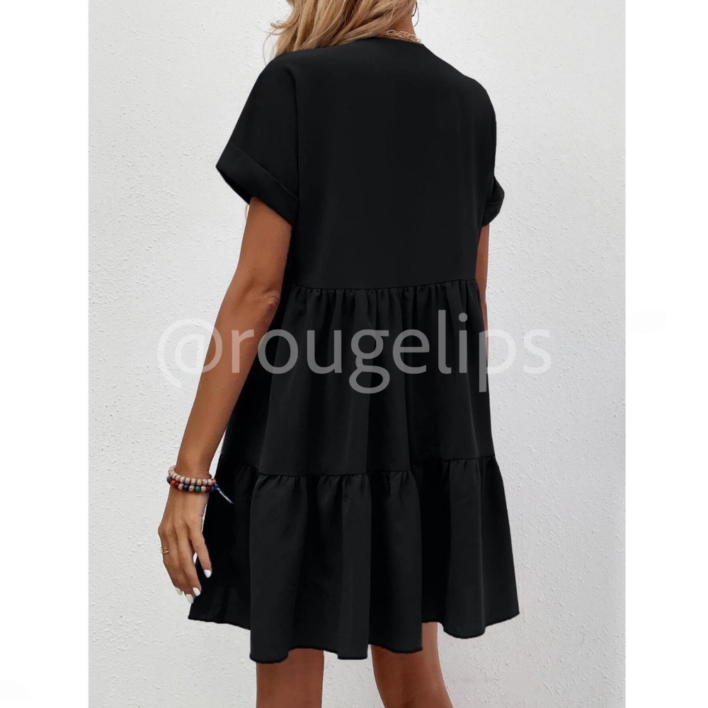 Black Short Sleeve Loose Fitting Mini Dress V-Neck Ruffle Flared Hem - Picture 5 of 8